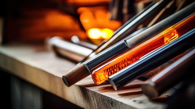 glassblowing. Glassblowing tools arranged on wooden workbench with orange glow and shallow depth of field. safety posters.