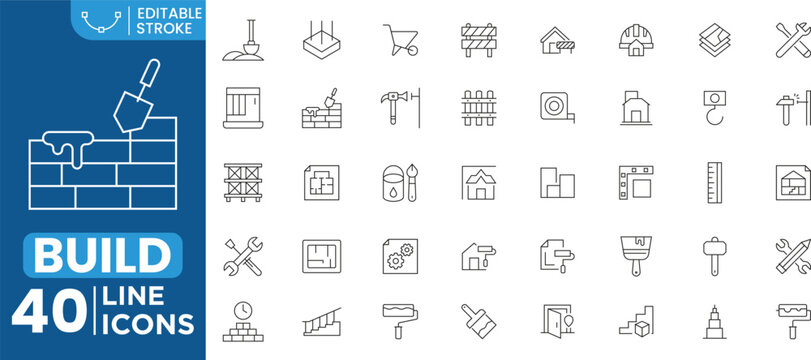 Build and Construction Line Icons Set for Architecture and Engineering Collection Editable Stroke