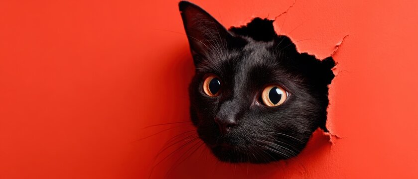 The cat peeking through torn red paper with curious wide eyes