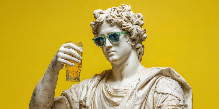 Statue with Sunglasses and Beer on Yellow Background