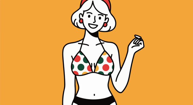 Cheerful woman in a polka dot bikini poses against an orange background