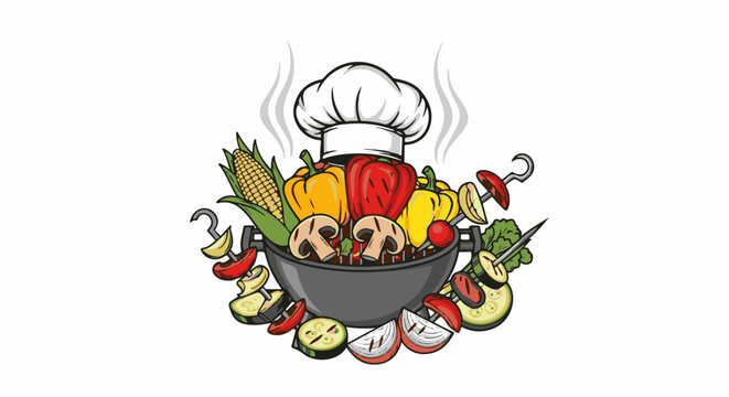 Chef's hat crowning a grill laden with colorful vegetables and kebabs