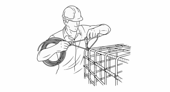 Construction worker ties rebar with wire using a tool
