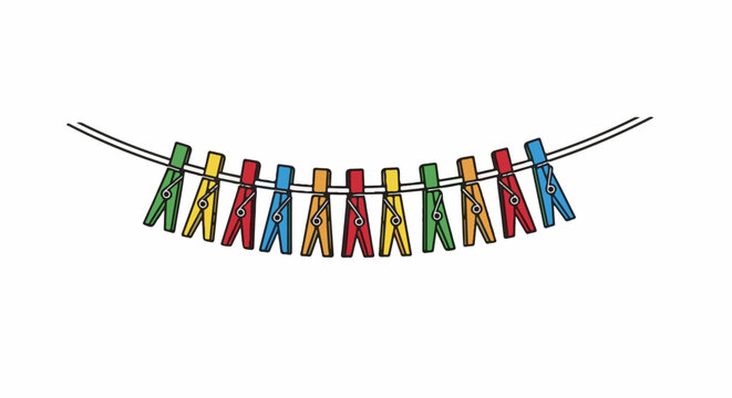 Colorful clothes pegs hanging on a clothesline against a white background