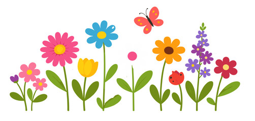 Obraz premium Colorful cartoon spring flower garden with daisy, tulip, sunflower, lavender and a red ladybug on stems with green leaves, and an orange butterfly in flight. Transparent background.