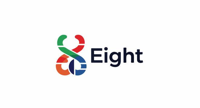 Colorful abstract number eight symbol beside dark blue text