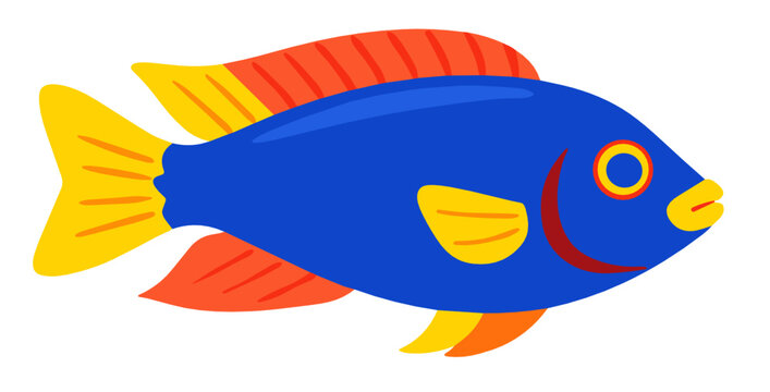 A large, bold tropical fish with a deep blue body, yellow fins, and a red circular eye marking, rendered in vibrant flat style on white background.