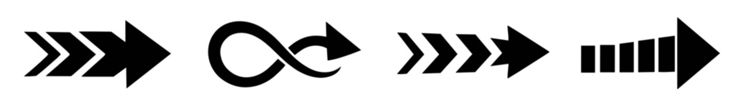 Four black arrow icons on transparent background: double chevron, infinity loop arrow, multi-chevron, and striped bold arrow, all in black pointing right.