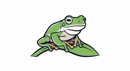 Fototapeta premium Cartoon-style green frog with large eyes sits on a leaf