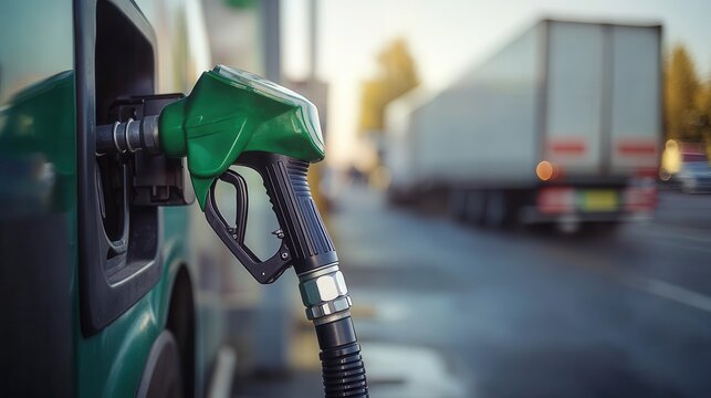 Fuel nozzle refueling a green vehicle with a truck in the background