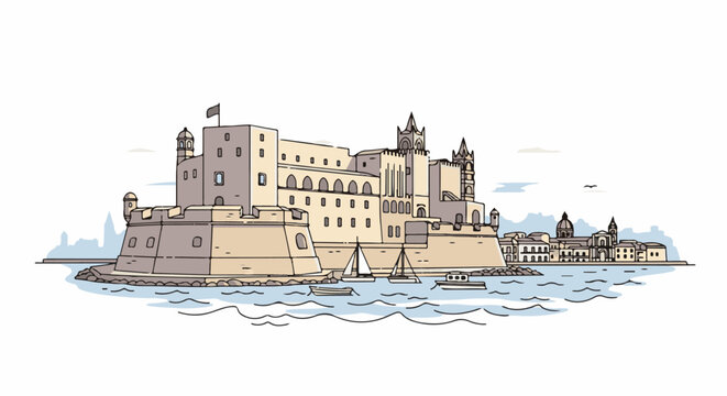Coastal fortress with sailboats and a distant cityscape under a pale sky