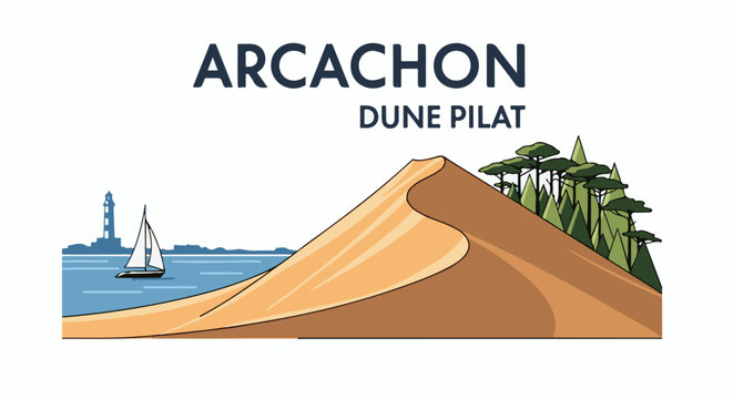 Coastal landscape with a lighthouse, sailboat, sand dune, and pine trees
