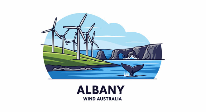 Coastal scene with wind turbines, rocky cliffs, and whale tail breaching water