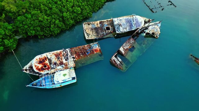 Aerial view of rusty shipwrecks and a small blue boat in turquoise water surrounded by lush green mangroves in Sandy Bay, Bay Islands Department, Honduras.