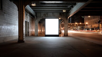 Fototapeta premium Blank illuminated billboard standing inside a dark urban tunnel for advertising display and promotional use