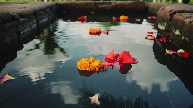 Balinese ceremonial flowers floating on still water