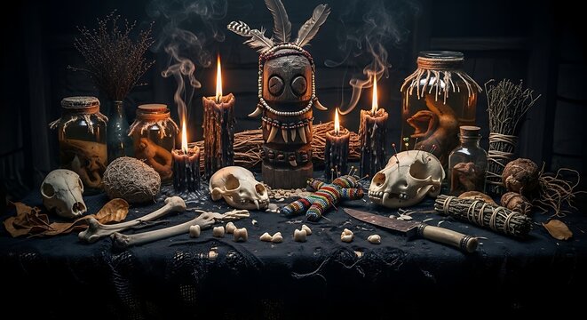 Dark Ritual Still Life Arranged with Mask Candles and Animal Skulls on Table