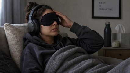 Obraz premium Young Woman Relaxing at Home with Sleep Mask and Headphones for Mental Health and Migraine Relief