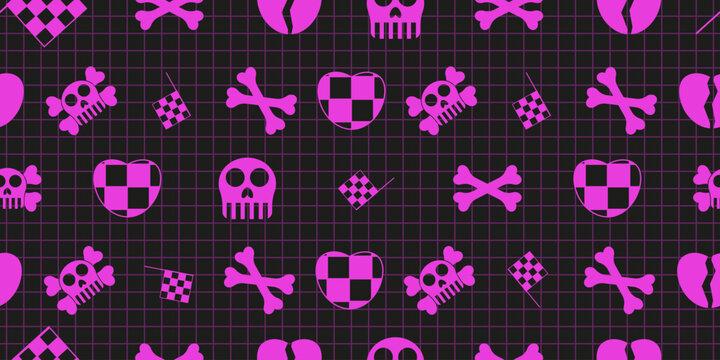 Vector Emo Background. Scull with bones, broken heart and chessboard in Emo color. Emo seamless pattern for fabric textile wallpaper print. EPS 10