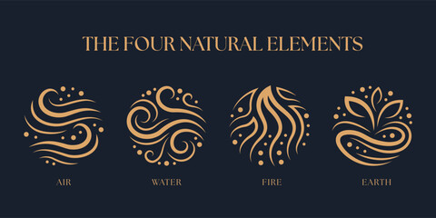 Naklejka premium The Four nature elements fire water air and earth with gold smooth curve line and dot circle shape on dark blue background vector design