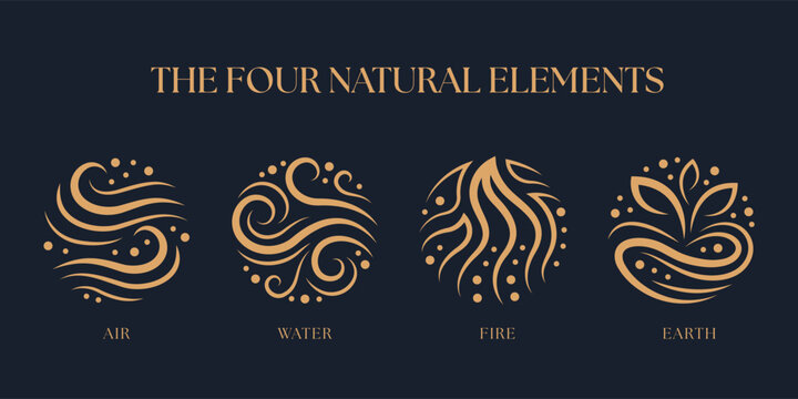 The Four nature elements fire water air and earth with gold smooth curve line and dot circle shape on dark blue background vector design