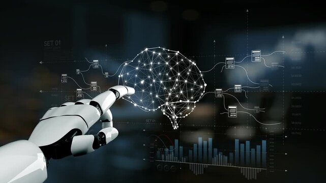 The image features a robotic hand pointing at a digital representation of a brain, surrounded by data charts, symbolizing interaction between machines and artificial intelligence. Synapse