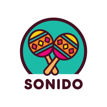 Colorful flat vector illustration of a pair of traditional maracas with the word Sonido.