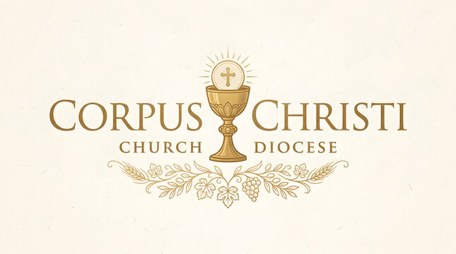 Gold chalice and host emblem for Corpus Christi church diocese on white background