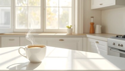 Fototapeta premium Authentic morning coffee at home, handheld candid, soft daylight through window,copy space on countertop, natural skin tones, subtle film grain, brand-safe kitchen,UGC vibe but premium, stock-ready 