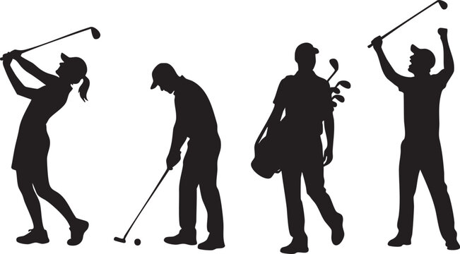 Diversity Golf Silhouettes Collection: Female and Male Golfers with Equipment, Action Swing, Putting, and Walking Poses, Isolated on White Background.