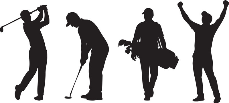 Golf Silhouettes Pack: Professional Golfer Poses, Swinging, Putting, and Celebrating, Isolated on White Background.