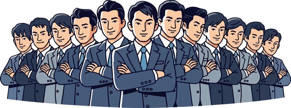 Diverse group of men in business suits stand with arms crossed