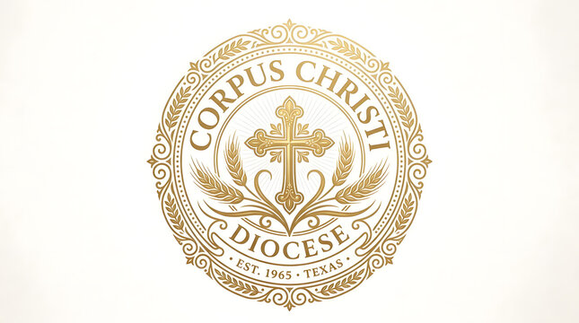 Gold emblem of Corpus Christi Diocese with cross and wheat on white background