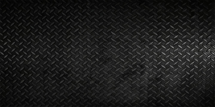Seamless black leather texture background featuring a dark industrial metallic grid pattern and carbon fiber material design with a gray steel mesh illustration