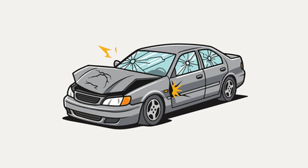Obraz premium Damaged silver sedan with cracked windows and bent hood