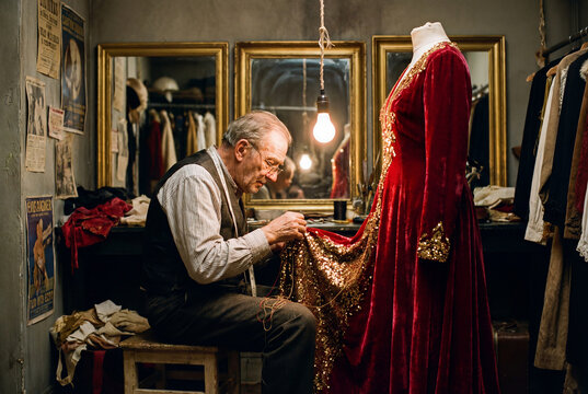 Senior tailor working on a red theatrical dress with gold embroidery in a dimly lit vintage costume workshop with mirrors and warm light.
