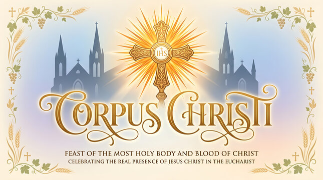 Corpus christi feast celebration with cathedral illustration and golden monstrance
