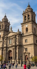 Obraz premium Historic Stone Cathedral Standing with Twin Bell Towers in Urban Plaza