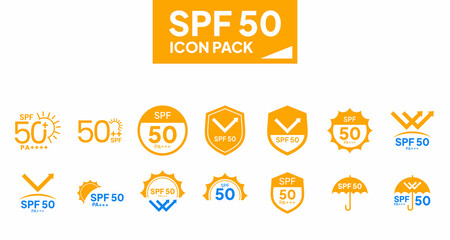 Fototapeta premium SPF 50 icons illustrating sun protection ultraviolet shielding for cosmetic packaging design orange vector graphics