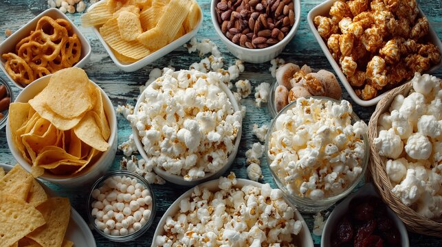 Assorted bowls filled with various salty snacks like popcorn chips and pretzels on wooden table