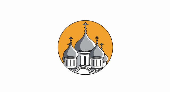 Circular icon with a stylized Russian Orthodox church with silver domes