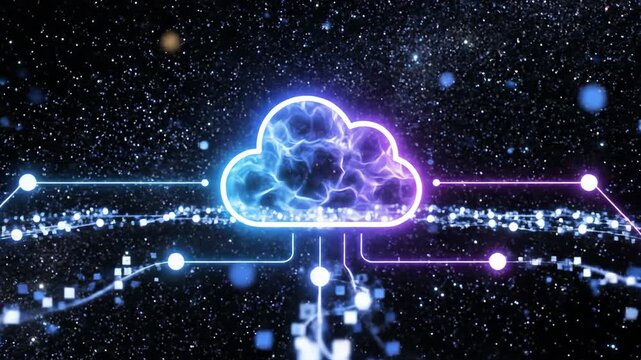Cloud computing concept with glowing cloud icon surrounded by digital connections and particles in a starry background, illustrating data flow and technology integration