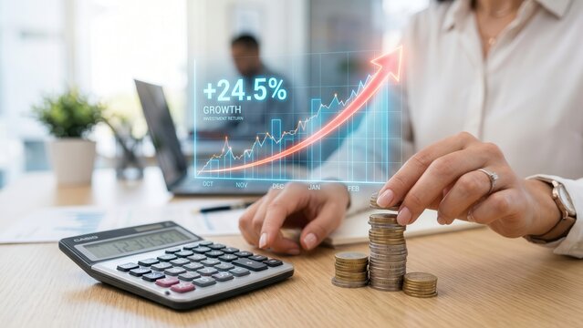Female investor stacking coins, analyzing digital financial charts showing impressive investment growth.