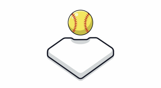 Cartoon illustration of a baseball resting on a home plate on a white background