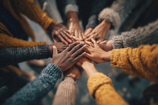 Diverse group joining hands in a circle for unity and teamwork