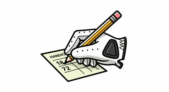 Cartoon hand wearing golf glove, writing numbers on paper