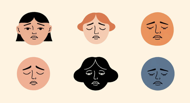 Collection of Sad Faces Expressing Negative Emotions.