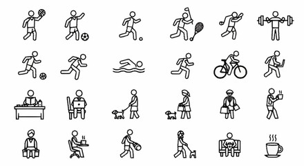 Naklejka premium Collection of simple line art icons representing various human activities and sports.
