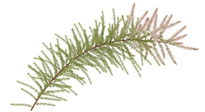 Tamarix Plant Branch with Delicate Pink Blossoms on White Background