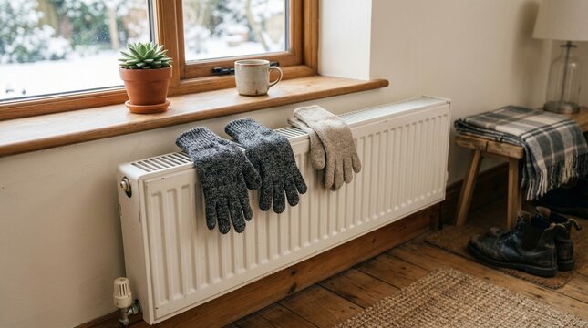 Three pairs of gloves drying on a radiator by the window in winter  